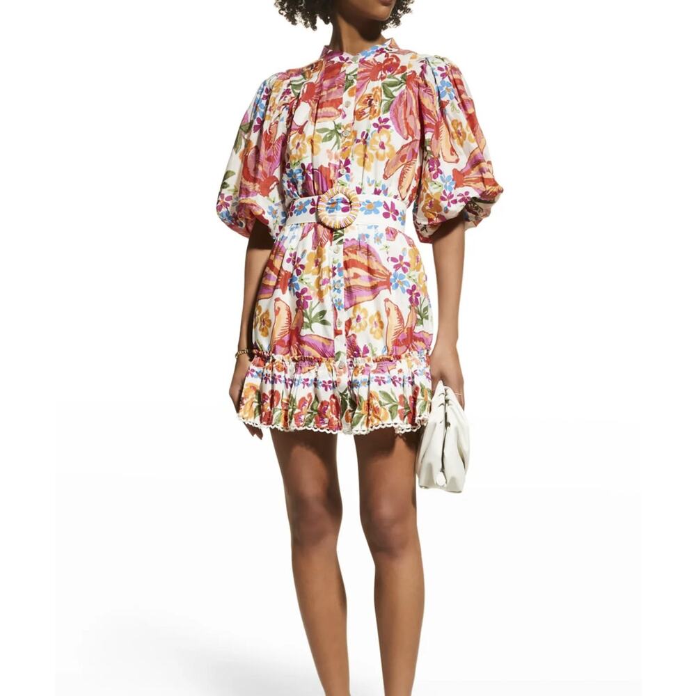 Farm Rio Spring Bananas Floral Puff Sleeve Belted Mini Dress Size XS